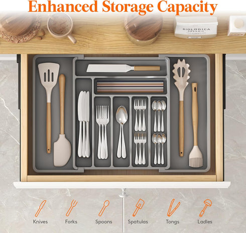 Lifewit Silverware Drawer Organizer, Expandable Utensil Organizer for Kitchen Drawers, Adjustable Cutlery and Flatware Tray, Plastic Spoons Forks Knives Holder Storage Dividers, Large, Gray by Lifewit