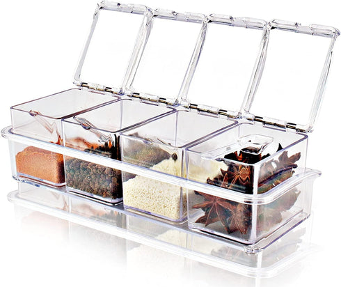 Seasoning Box with Spoon, 4 Compartments Multi-Grid Spice Storage Container for Kitchen Herb Spice Tools