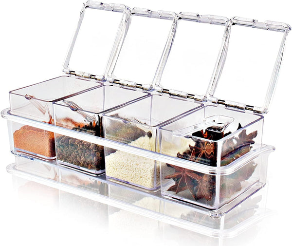 Seasoning Box with Spoon, 4 Compartments Multi-Grid Spice Storage Container for Kitchen Herb Spice Tools
