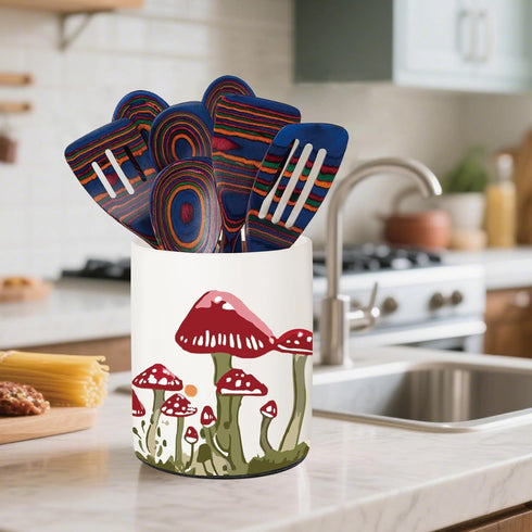 6.5 Inch Mushroom Kitchen Decor, Ceramic Utensil Holder Bee Decor, Farmhouse Indoor Kitchen Decorative Utensil Rack