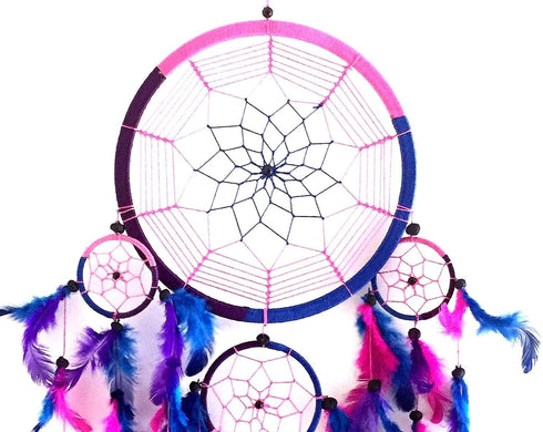 OMA Dream Catcher with Traditional Tie Dye Colors, Pink, Blue & Purple Feathers, 8.5" Diameter & 30" Long