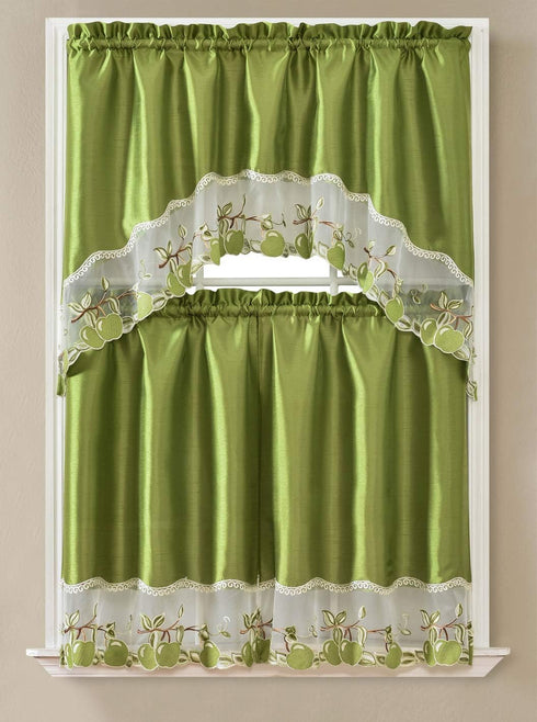 Beatrice Home 3pc Kitchen Curtain Set, 1 Swag Valance and 2 Tiers, 30"x36" Each, 60"x36" Valance (Green Apple)