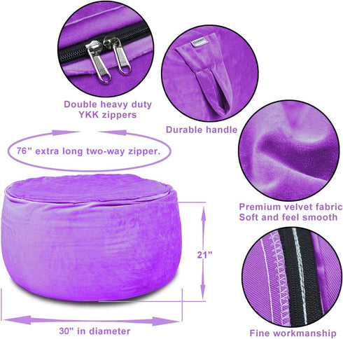Bean Bag Chair Cover - Stuffed Animal Storage, Plush Toys Organizer, X-Large Round Purple with Handle and Zipper