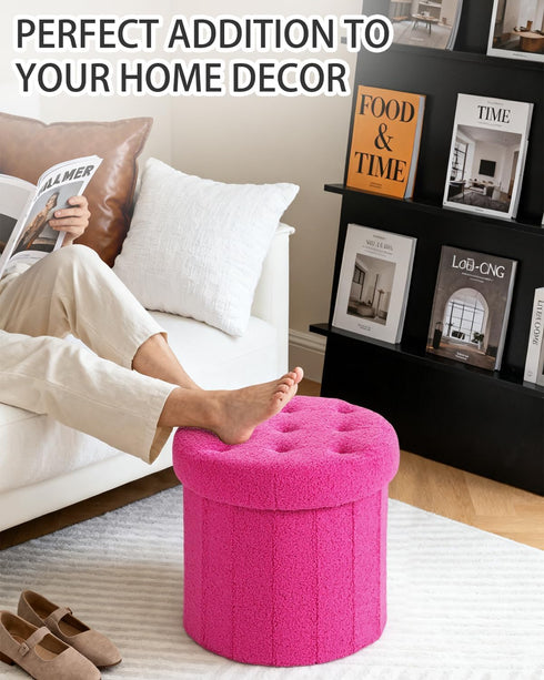 Round Storage Ottoman Foot Stool and Poufs Ottoman, Teddy Velvet Ottoman Foot Rest, Foot Rest for Living Room Bedroom