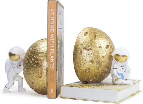 Heavy Duty Astronaut Bookends, Space-Themed Book Ends for Kids Room & Nursery Decor, Gold Moon Book Stoppers to Hold