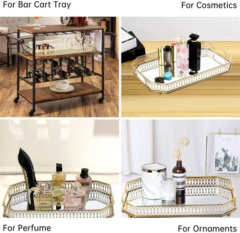 TEITEAI Bar Cart Tray, Decorative Mirrored Tray with Handles, Large Capacity Organizer, Gold