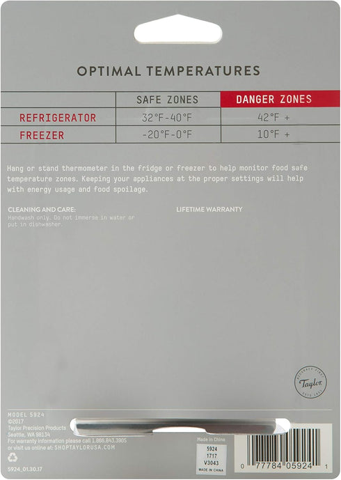 Taylor 5924 Large Dial Kitchen Refrigerator and Freezer Analog Thermometer, 3-Inch Dial, Silver Finish