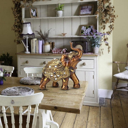 Golden Elephant Statue - Resin & Wood Grain Collectible Figurine, Feng Shui Lucky Sculpture for Home TV Cabinet