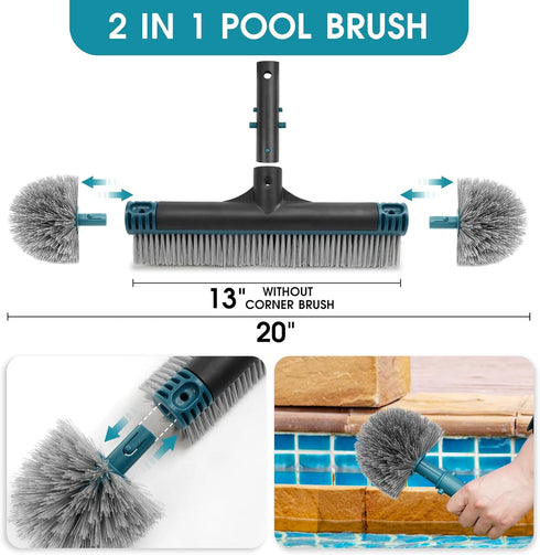 20'' Swimming Pool Brush Head, Detachable Pool Cleaning Brush with Durable Around Nylon Bristles, EZ Clip Aluminum