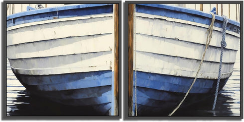 Nautical Wall Art, Wooden Boat Wall Decor, Blue White Rustic Boat Painting Canvas Print for Beach House, Unframed