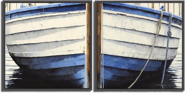 Nautical Wall Art, Wooden Boat Wall Decor, Blue White Rustic Boat Painting Canvas Print for Beach House, Unframed