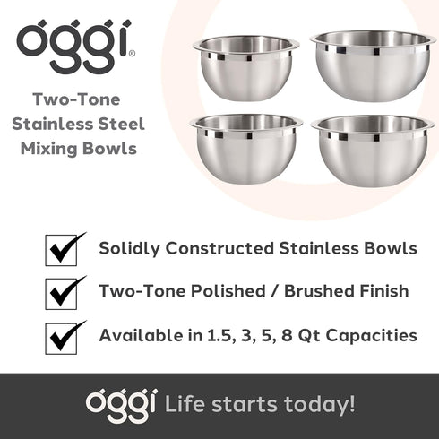 Oggi 5-Quart Two-Tone Stainless Steel Mixing Bowl for Mixing, Making Dough, Dressing Salads, Washing Vegetables