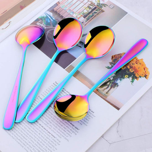 Color ME Rainbow Soup Spoons, Set of 10 Round 18/10 Stainless Steel Spoons