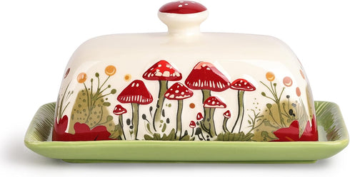 Ceramic Mushroom Butter Dish with Lid for Countertop, Large Covered Butter Tray (White & Red Mushroom)