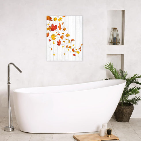 LB Farmhouse Fall Wall Art - Red Orange Maple Leaf on Rustic Grey Canvas, Ready to Hang for Living Room and Bedroom,