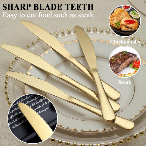 Gold Dinner Knives 12 Piece Set, Stainless Steel Titanium Plating Shiny Gold Knives, Dishwasher Safe