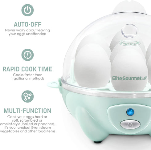 Elite Gourmet Electric Egg Cooker: 7 Egg Capacity Soft, Medium, Hard-Boiled Poacher with Auto Shut-Off and Buzzer