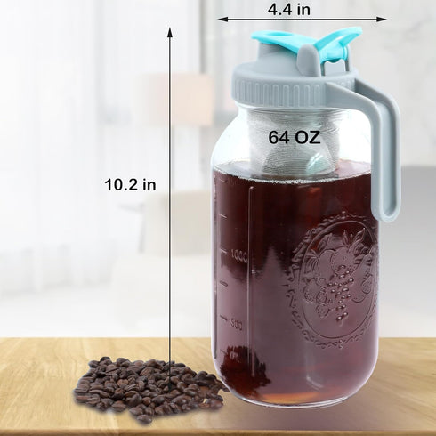 Mason Jar Cold Brew Coffee Maker, 64 OZ (2 Quart) Wide Mouth Pitcher with Brew Filter for Coffee & Iced Tea