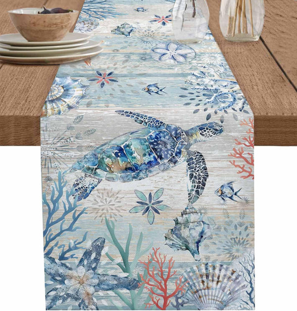 Lsrtoss Coastal Sea Turtle Table Runner 48 Inches Long Farmhouse Dress Scarves, Nautical