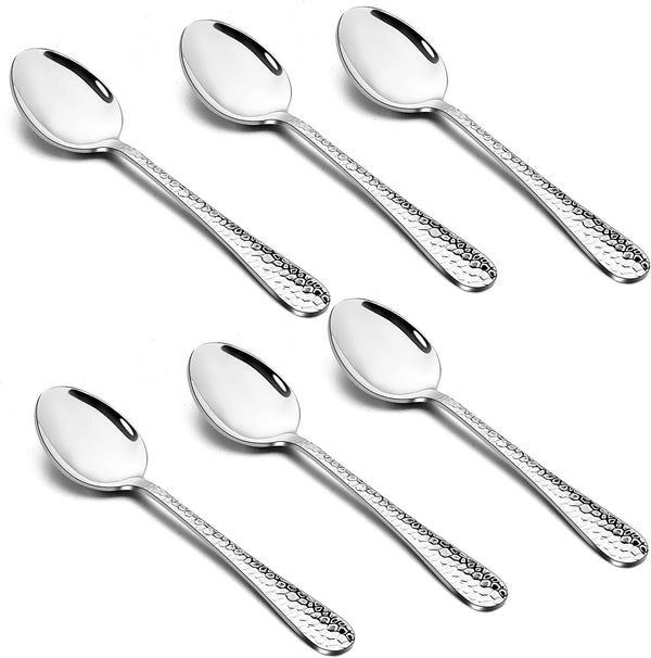 Hammered Teaspoons Set of 6, E-far Stainless Steel Modern Silverware, Flatware Dessert Spoons for Home, Kitchen,