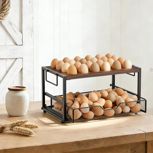 Wolera 2-Tier Countertop 24+60 Countertop Wooden Egg Holder with Basket Holds Chicken, Duck & Quail Eggs, Easter Eggs