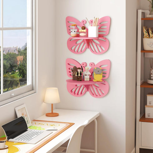 2-Tier Butterfly Wall Shelf - Nursery Decor Pink Floating Corner Shelves, Cute Wall Display Rack Bookshelf for Kids