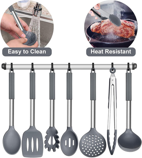 E-far 7 Pcs Silicone Cooking Utensils Set, Heat Resistant Kitchen Tools with Stainless Steel Handle, Gray