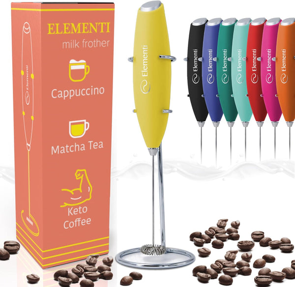 Elementi Milk Handheld Frother Wand - Coffee Mixer, Cold Foam Frother, Office Gadgets, Yellow