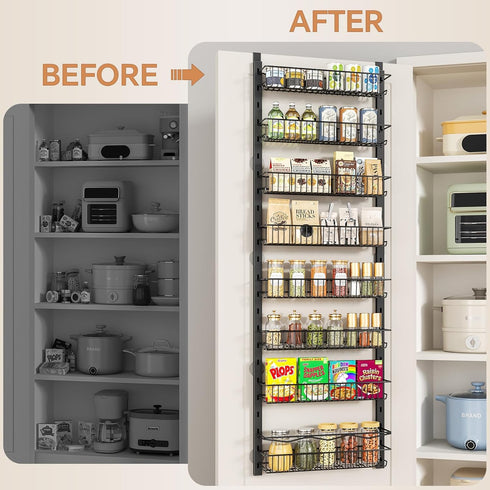MIAOLI 8-Tier Over the Door Pantry Organizer, Adjustable Spice Rack Cabinet Door Shelves, Hanging Seasoning Organizer