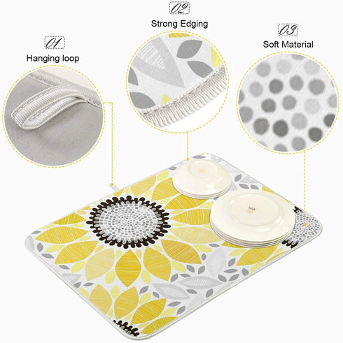 Sunflowers Dish Drying Mat for Kitchen, 16x18 Microfiber Absorbent Reversible Mat