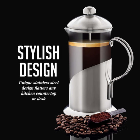 OVENTE 34 Ounce French Press Coffee Maker and Tea Infuser with 4 Level Stainless Steel Filter System, Borosilicate Heat Resistant Glass Carafe with Free Measuring Scoop, Silver FSL34S by OVENTE