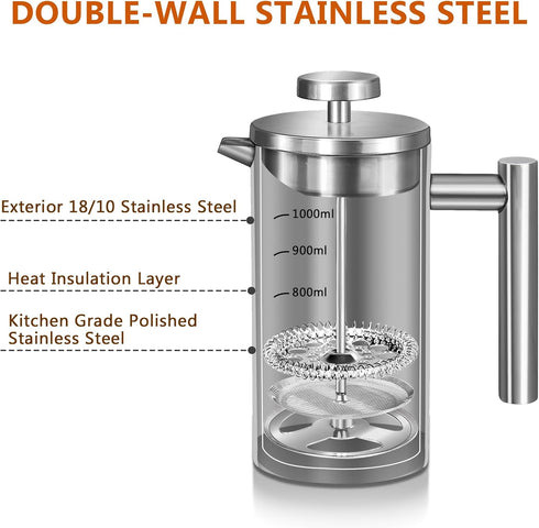 Stainless Steel French Press Coffee Maker, Double Wall Insulated, 50oz/1500ml, with 3 Extra Screens, Silver