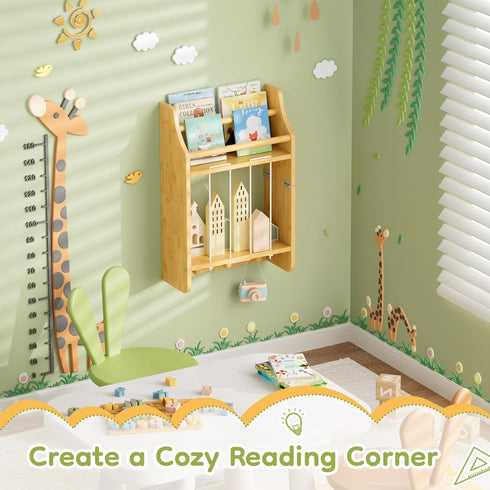 2-Tier Wall-Mounted Kids Bookshelf, Bamboo Floating Nursery Book Shelf, Picture Ledge Shelf for Wall Decor and Storage