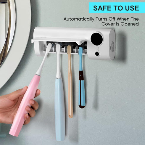 StarWin UV Toothbrush Cleaner, Rechargeable Wall-Mounted Tooth Brush Holder with Timer Function, 4 Slots, No Drilling