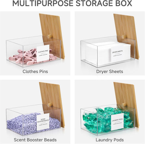 Acrylic Dryer Sheet Holder with Lid, Clear Laundry Sheets Container with 27 Labels, Laundry Pods Storage for Laundry Room Organization
