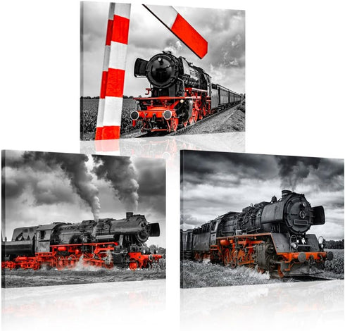 iKNOW FOTO 3 Piece Canvas Wall Art Black and Red Steam Locomotive