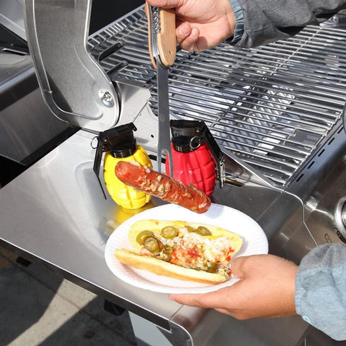 Caliber Gourmet Condiment Dispenser Set - Grenade Shape Squeeze Bottles for BBQ, Camping, Ketchup Mustard, Red & Yellow