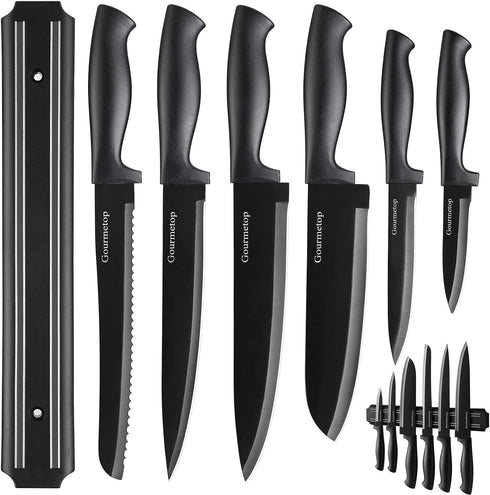Kitchen Knife Set with Magnetic Strip, Black Cooking Knives, Sharp Stainless Steel Chef Knife Set for Meat & Veggies