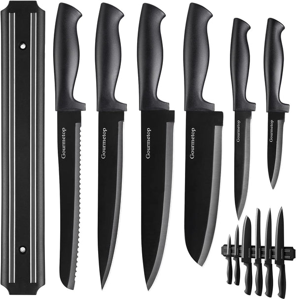 Kitchen Knife Set with Magnetic Strip, Black Cooking Knives, Sharp Stainless Steel Chef Knife Set for Meat & Veggies