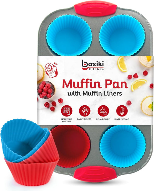 Boxiki Kitchen Non-Stick Steel Muffin Pan, 6 Cup with Silicone Handles and Reusable Liners