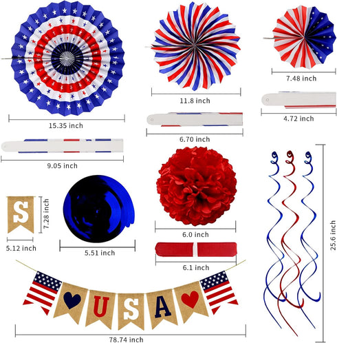 26Pcs 4th Patriotic Decorations of July Decorations LOVE USA Banner Red White Blue Paper Fans Star Streamer Pom Poms