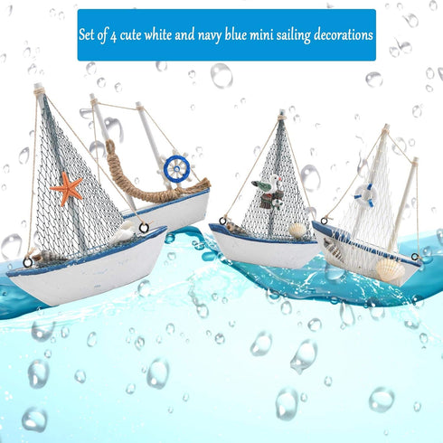 BUYGO Sailboat 4-Piece Set O Mini Model Decoration - Wooden Miniature Sailing Boat Home Decor