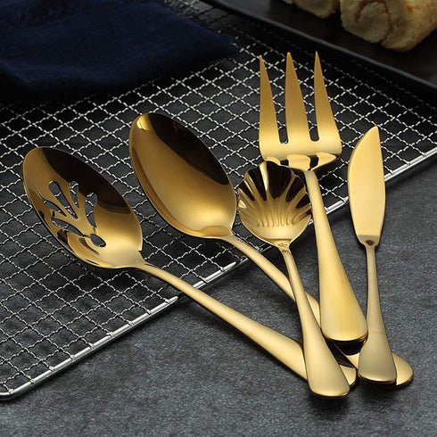 Berglander Stainless Steel Titanium Plated Flatware Serving Set, 6 Pieces, 45 Pieces Flatware with 1 Cake Server