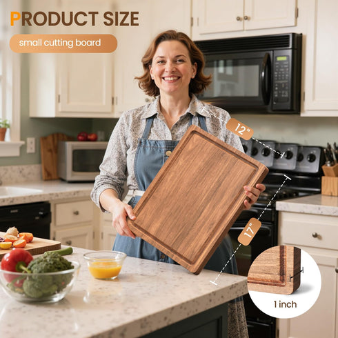 BETOLEAN 17x12 Inch Acacia Wood Cutting Boards for Kitchen, Butcher Block with Deep Juice Grooves & Non-Slip Handle