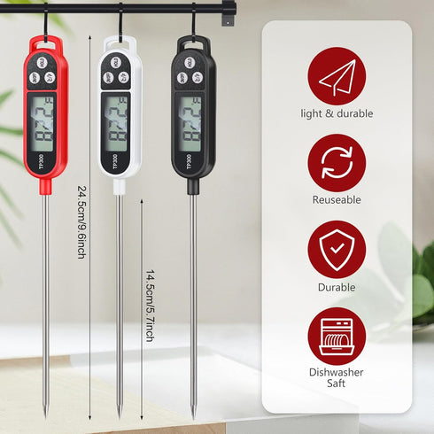 6 Pcs Instant Read Meat Thermometer with Long Probe 9.65 Inch Kitchen Cooking Food Candy Thermometer Waterproof Digital Thermometer for BBQ Water Milk Yogurt Liquid Cooking (Black, White, Red)