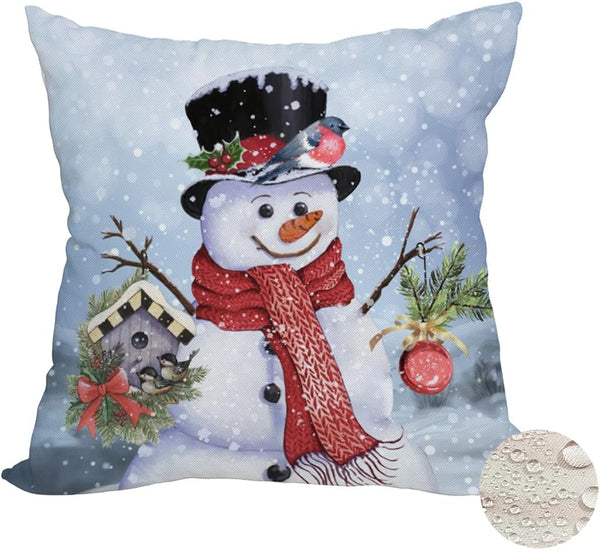 Outdoor Waterproof Christmas Snowman Pillow Cover, 20x20 Inch - Double Sided Holiday Decor Cushion Case for Sofa Couch