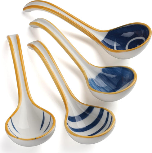 Soup Spoon Set of 4, Japanese and Korean Curved Handle Ceramic Ramen Spoons for Pho, Miso, Salad