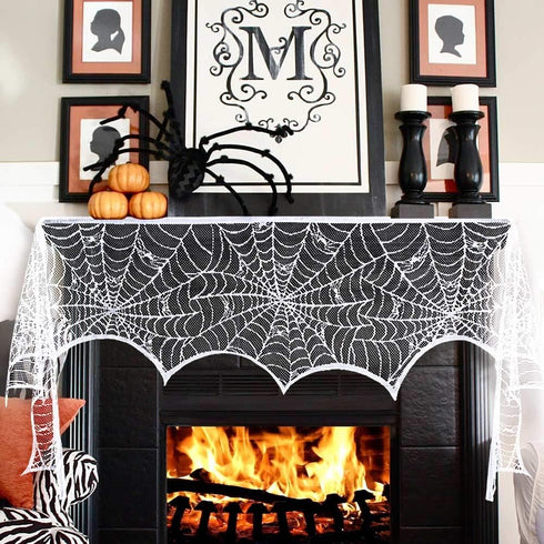 AerWo Halloween Decorations Indoor Fireplace Mantel Scarf, White Lace Spiderweb Cover for Halloween Mantle Decor, 18x96
