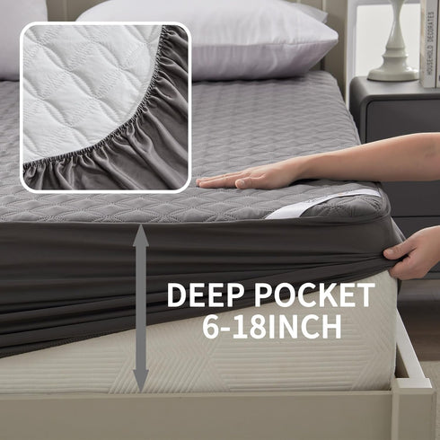 Waterproof Mattress Protector, Noiseless Twin Size Pad with Deep Pocket, Soft & Breathable Cover for Bedroom (Gray)