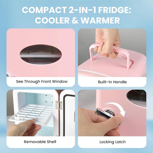 HealSmart 4 Liter Portable Mini Fridge - 6 Can Cooler and Warmer with Observation Window, Eco Friendly, Pink